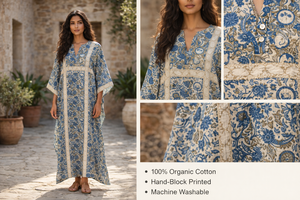 ชุดเดรสยาวแบบคาฟตัน พิมพ์ลายด้วยมือ ผ้าฝ้าย คอเสื้อแบบโยก ไหล่ตก แต่งขอบ ดีไซน์ทำมือสำหรับผู้หญิง เหมาะสำหรับใส่ไปเที่ยวชายหาดหรือรีสอร์ท - Product Image 3