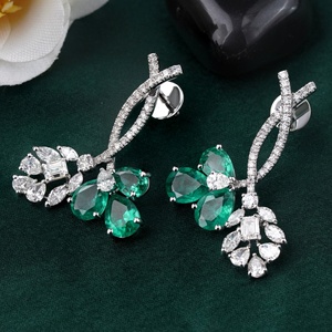 14K White Gold <b>Fine</b> Dangle <b>Earrings</b> 6.39 CT Green Pear Emerald Lab Grown Diamond Floral Drop Elegant and Luxurious - Product Image 4