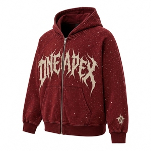Sudadera con capucha y cremallera para hombre, color burdeos, con lavado ácido, estampado gráfico de estrellas, estilo oversize, ropa urbana, fabricante de ropa personalizada - Product Image 3