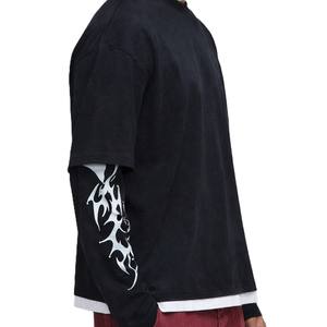 T-shirt pour homme à manches hybrides contrastées, coton de haute qualité, coupe ample, streetwear, fabricant OEM, approvisionnement en gros - Product Image 3