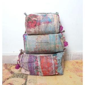 Indian Kantha Hand Block Print Cotton Eco-Friendly Portable Cosmetic Bag Set Tassel Zipper Closure Vintage Style Women's Travel - Product Image 1
