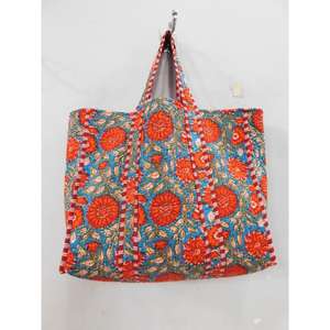 Sac fourre-tout en coton fait main imprimé au bloc avec fermeture éclair, réutilisable pour la plage et le shopping, sac à bandoulière style bohème indien - Product Image 2