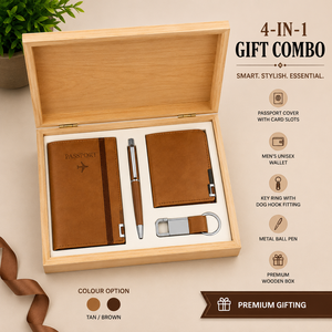 4 in 1 Business Gift Set Wooden Box Passport Cover <b>Wallet</b> <b>Metal</b> Pen Key Ring Travel Office Gift - Product Image 1