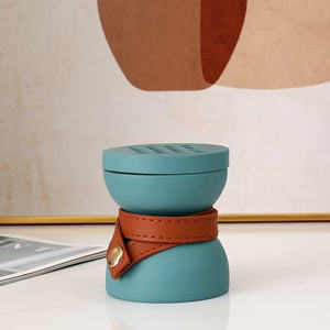 Wholesale Modern Round Dico Wood <b>Bakhoor</b> Burner Teal Blue Lacquer Finish Leather Wrap <b>Oud</b> Incense Holder Bulk Arabian Mabkhara - Product Image 2