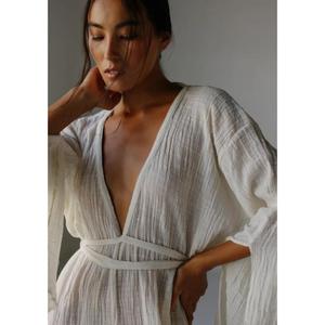 Elegante Vestido Largo Kaftan de Algodón Blanco con Cintura Alta para Mujer, Cuello en V Profundo, para Yoga, Playa, Resort, Estilo Boho, Vestido de Noche - Product Image 5