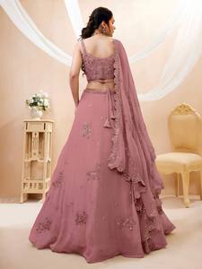 Pink Embroidered Georgette Indian Pakistani Lehenga Set Choli <b>Dupatta</b> <b>Netted</b> Floor-Length Formal Wear Wedding Banquet Outfit - Product Image 2