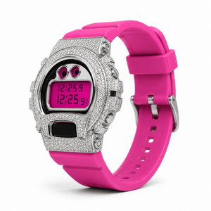 Reloj Digital de Lujo con Incrustaciones de Moissanita, Caja de Acero Inoxidable, Correa de Silicona Rosa, Estilo Hip Hop, Unisex - Product Image 4
