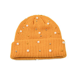 Hip Hop Winter Warm Thick Solid Color Women Ribbed Acrylic Cuffed Rivet Pearl <b>Knitted</b> <b>Beanie</b> With Pearls - Product Image 5