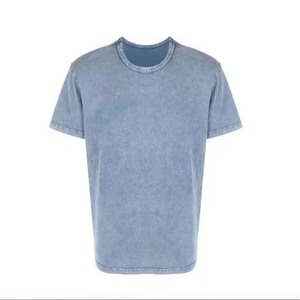 T-shirt en coton bleu délavé pour homme, manches courtes, coupe ample, col rond, jersey décontracté vintage, respirant, couleur unie - Product Image 1