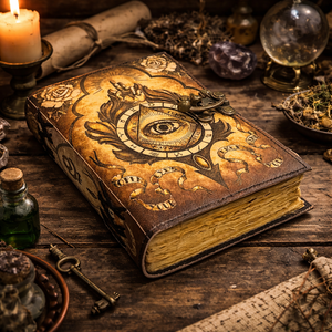 Carnet de voyage en cuir fait main « Troisième Œil » – Journal vintage imprimé UV marron avec fermoir métallique personnalisable et papier de croquis - Product Image 1