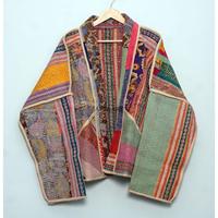 Veste Kantha en Coton Tricoté 100% ART&ART, Style Ethnique Multicolore, Broderie Denim, Boutons Faits Main, Vintage – Vente en Gros