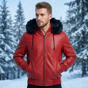 Fashion Leather Bomber <b>Jacket</b> for <b>Men</b> with Faux Fur Hood | Plaid Pattern <b>Casual</b> <b>Summer</b> <b>Jacket</b> - Product Image 6