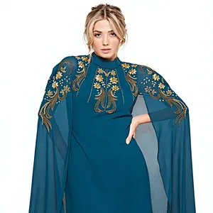Robe de mariée élégante bleu sarcelle à col en V, broderies florales, manches cape en maille, coupe trapèze, longueur ras du sol, style fourreau ajusté, toutes saisons - Product Image 1