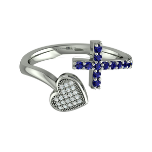 925 Sterling Silver Rhodium Plated Open Cross Heart <b>Ring</b> with Blue & White Cubic Zirconia | <b>Adjustable</b> Christian Jewelry - Product Image 4