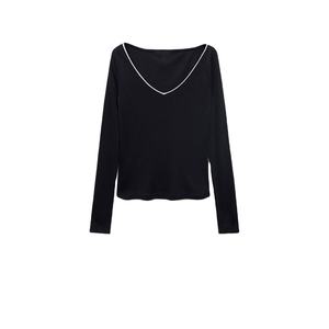 Top de Punto de Manga Larga con Cuello en V para Mujer, Color Azul Marino, Corte Ajustado, Casual, Primavera-Verano, 100% Algodón, Anti-Pilling - Product Image 6