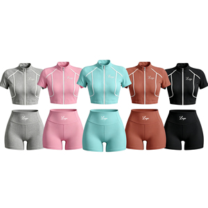 Conjunto de Top de Manga Corta con Cuello Alto y Cremallera, Diseño de Líneas Personalizadas con Logotipo, y Leggings Levanta Glúteos para Mujer 2026 - Product Image 1