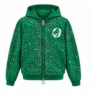 Sudadera con capucha verde esmeralda con cremallera y perlas, chaqueta de lujo con perlas incrustadas, sudadera con capucha de manga larga, ropa exterior informal a la moda - Product Image 1