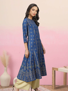 ชุดคุर्ตาอานาร์กาลีผ้าเรยอนสีน้ำเงินพิมพ์ลายดอกไม้สำหรับผู้หญิง คอทรงเรือ แขนสามส่วน เหมาะสำหรับสวมใส่ลำลองสไตล์ชาติพันธุ์ทั่วโลก - Product Image 2