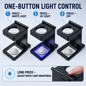 Loupe pliante professionnelle portable avec verre optique 6X et éclairage LED/UV 3 voies pour l'inspection textile et graphique, les pièces de monnaie - Product Image 5