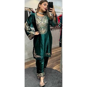 DISEÑADOR TERCIOPELO BORDADO CODIFICACIÓN SECUENCIA TRABAJO KURTI CON PALAZZO VERDE - Product Image 1