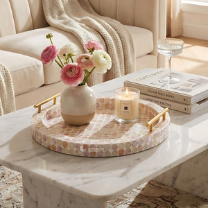 Round Pink Mother of Pearl Inlay Tray, Mosaic Shell Decorative Tray with Gold Handles, <b>Vanity</b> Organizer & <b>Table</b> Centerpiece - Product Image 4