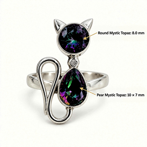 Mystic Topaz Dual Gemstone Statement Ring Handmade 925 Sterling Silver 18K Gold Plated Women's Bohemian Style Cat Design - Product Image 5