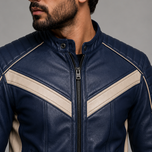 Blouson moto homme en cuir PU bleu, col montant, fermeture éclair, design color block, coupe slim, coupe-vent, style automne - Product Image 5