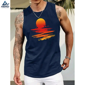 Servicio OEM ODM, Venta al por Mayor de Camisetas sin Mangas para Hombre, Estilo Casual Vintage con Estampado Gráfico de Atardecer, Transpirables, para Fitness y Ejercicio - Product Image 1