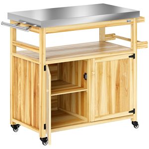 Carrello da Cucina per Esterni in Legno Massello con Piano in Acciaio Inox, Ruote e Armadietti, Carrello per Barbecue da Esterno in Legno Naturale - Product Image 1