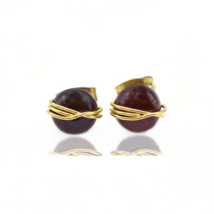 Garnet Round Wire Wrapped <b>Stud</b> <b>Earrings</b> 8mm | Handmade Brass And Silver Red Gemstone <b>Studs</b> | January Birthstone <b>Crystal</b> Jewelry - Product Image 2