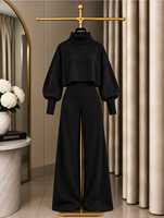 Ensemble deux pièces pour femmes, pantalon à jambes larges, haut court à col roulé et manches bouffantes, tenue élégante et décontractée pour l'automne et l'hiver