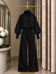 Women’s Two Piece Wide Leg Pants Set <b>Cropped</b> <b>Turtleneck</b> Puff Sleeve <b>Top</b> Elegant Casual Autumn Winter Outfit - Product Image 4