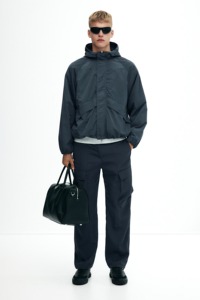Men's Dark Blue Hooded Blouson <b>Jacket</b> With Zipper Closure Windproof Polyester Material Autumn Wear Workwear Style - Product Image 1
