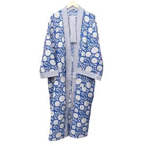 Bata de algodón con estampado floral de longitud completa para mujer, cuello en V, manga larga, ropa de dormir informal, para primavera, con cierre de cinturón y estampado azul y blanco - Product Image 4