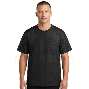 Blouse de travail noire à manches courtes pour homme avec motif empreinte de patte et poches avant, en polyester respirant - Product Image 4