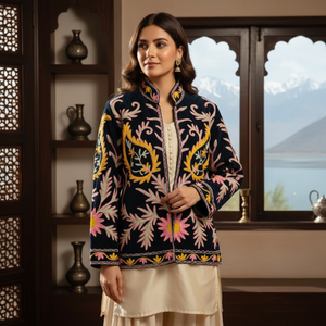 Blouson Bomber en Velours Noir avec Broderie Florale Moutarde Rose et Blanche, Col Montant, Doublure en Coton, Vêtement Décontracté pour Femme - Product Image 1