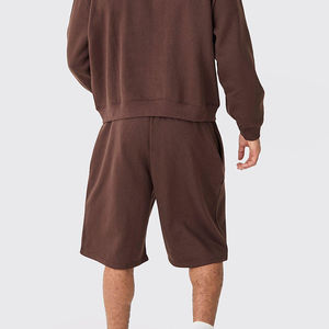 Conjunto de Sudadera con Capucha y Cremallera para Hombre, Color Marrón, con Pantalones Cortos Casuales de Felpa, Atuendo Combinado para Otoño, de Algodón Tejido, Color Sólido - Product Image 5