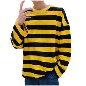 T-shirt rayé à manches longues pour homme, coupe décontractée oversize à col ras du cou et épaules tombantes, style streetwear, vente directe usine, meilleures ventes, OEM - Product Image 2