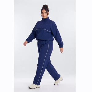Women Plus Size Navy Blue Tracksuit 2 Piece Set Full Sleeve Turtleneck <b>Zipper</b> <b>Jacket</b> and Pants Casual Sportswear Solid Color - Product Image 1