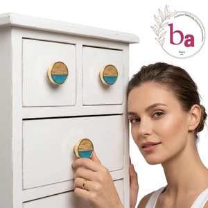 Ba Modern Round <b>Brass</b> Drawer <b>Knob</b> with Wood and Turquoise Inlay Eco-Friendly for Cabinet Furniture Home Office & Living Room Use - Product Image 2