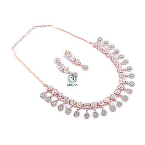 Adira Mint Green CZ Designer <b>Bridal</b> <b>Necklace</b> & <b>Earring</b> <b>Set</b> Gold Plated - Product Image 3