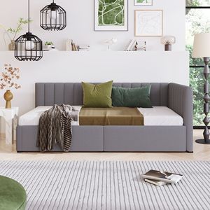 Divano letto imbottito a una piazza e mezza con 2 cassetti contenitore, in tessuto grigio lino, non richiede rete a molle, struttura letto divano - Product Image 2