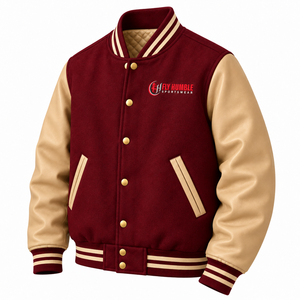 <b>Fly</b> Humble Sportswear <b>Men's</b> Varsity <b>Jacket</b> Maroon Beige Sleeve Solid Color Button Front Casual Autumn Wear wholesale rate - Product Image 2