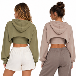 Minimalist Solid Color Layered Crop Hoodie women's shirt Custom Cotton Open Front Bolero <b>Shrug</b> Long Sleeve Drawstring Athleisure - Product Image 3