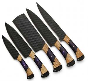 Ensemble de couteaux de cuisine artisanaux 5 pièces en acier à haute teneur en carbone martelé avec manche hybride en résine violette et bois, ensemble de couverts de chef - Product Image 1