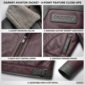 Custom Mens <b>Burgundy</b> Charcoal <b>Leather</b> <b>Jacket</b> Shearling Collar Detailing Quilted Lining Warm Winter Flight Aviator Biker Coat - Product Image 6