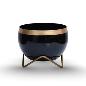 Maceta Negra Brillante con Borde Dorado y Soporte Metálico, Elegante Maceta Decorativa para Plantas de Interior, Moderna para Sala de Estar - Product Image 4