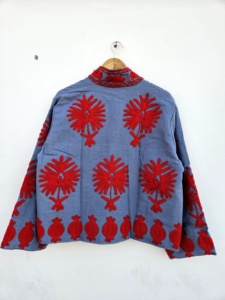 Breathable 100% Velvet Suzani Embroidered Floral Printed Jacket <b>Covered</b> <b>Button</b> Closure Full Sleeve for Women's Spring Autumn - Product Image 3