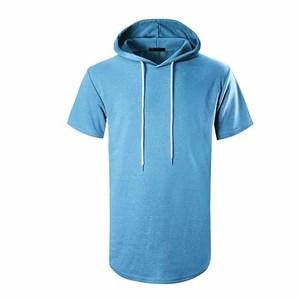 Men's Casual Sports Athletic Embroidered Customizable Solid Blue <b>Short</b> <b>Sleeve</b> Pullover <b>Hoodie</b> Curved Hem Streetwear Autumn - Product Image 1