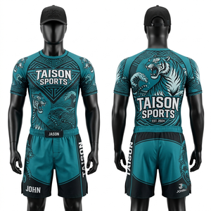 Conjunto Personalizado de Rashguard y Pantalones Cortos de BJJ, 260 GSM, Poliéster y Spandex, Diseño de Panel Sublimado Negro - Product Image 6